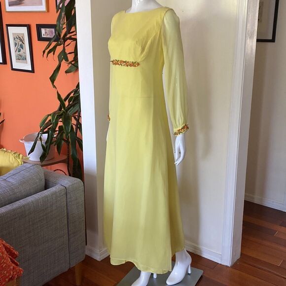 Vintage Lemon Yellow 60s/ 70s Maxi Chiffon Gown - Picture 5 of 16